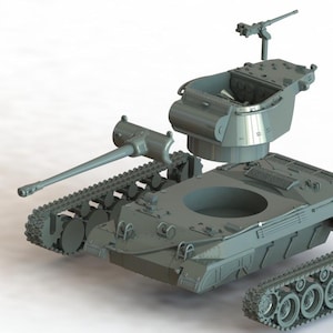 May include: A gray model tank with a long barrel, tracks, and a turret. The tank is partially disassembled, showing its internal components. A small machine gun is mounted on the turret. The model is set against a white background.