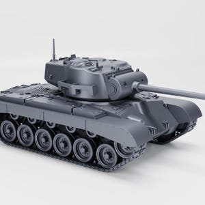 May include: A gray model tank with a long barrel and detailed tracks. The tank has a turret with a gun and antenna. The tank is a military vehicle.
