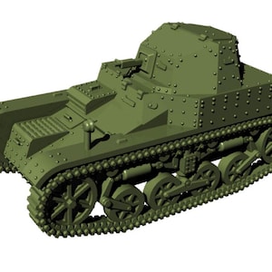Op de afbeelding: Een groen model van een tank met een gedetailleerd ontwerp. De tank heeft een toren, rupsbanden en meerdere wielen. Het model is in 3D weergegeven, met klinknagels en andere structurele elementen. De algehele esthetiek is militair.