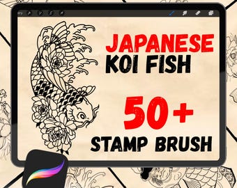 Sellos de peces koi para Procreate, sellos de tatuajes de carpas koi japonesas, trazos, contornos, siluetas, pinceles de koi, temática acuática, set de pinceles digitales