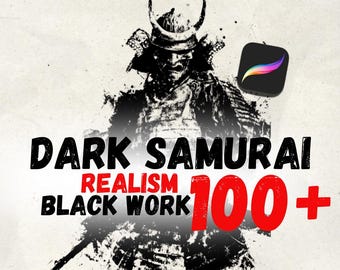 Pinceles de tatuajes samuráis para Procreate / Sellos de realismo Blackwork oscuro / Más de 100 plantillas de tatuajes para Procreate
