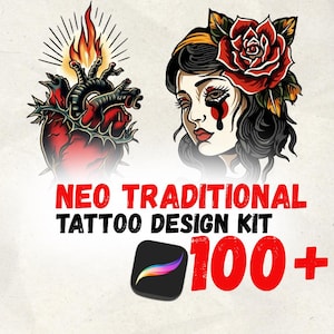 May include: Neo Traditional Tattoo Design Kit with over 100 designs. The image features a flaming heart and a woman with a rose in her hair. The text reads "Neo Traditional Tattoo Design Kit" and "100+".