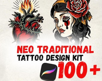 Neo-Traditional Tattoo Flash Kit | Lady Head Heart Rose Procreate Stamps | Old School Design Bundle