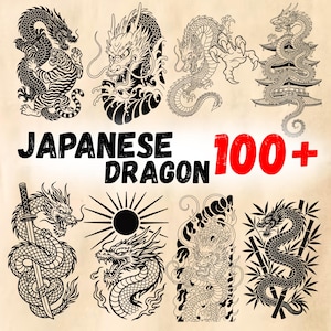 Może przedstawiać: Kolekcja ilustracji japońskich smoków w czerni i bieli. Projekty obejmują smoki z tygrysem, falami, słońcem i bambusem. Tekst brzmi "Japanese Dragon 100+".