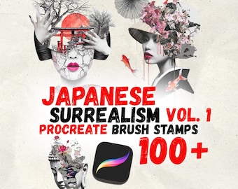 Sellos Procreate de surrealismo japonés / Tatuajes asiáticos / Diseños de arte mural y fondos de pantalla de Buda