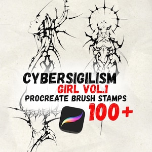 May include: Digital artwork showing two detailed black line art illustrations of female figures. The image includes the text "CYBERSIGILISM GIRL VOL.1 PROCREATE BRUSH STAMPS" and "100+", plus the Procreate app logo.