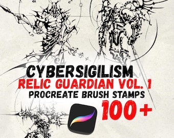 Sellos de Procreate de Guardián de Reliquias de Cibersigilismo / Flash de Tatuaje de Guerrero Gótico / Juego de Pinceles de Diseño de Robot