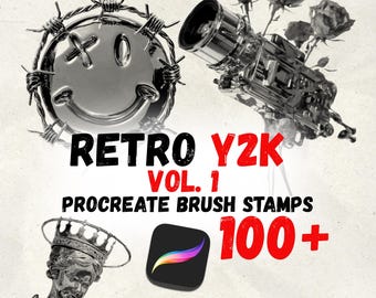 Sellos de pincel para Procreate (paquete retro del año 2000) (más de 100): emoticono cromado, alambre de púas, ángel y videocámara / Pinceles para Procreate para iPad / Descarga digital
