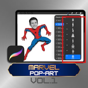 May include: A digital illustration of Spider-Man on a tablet screen, with the Procreate app icon visible. The tablet displays a Marvel Pop-Art design, with the text "MARVEL POP-ART VOL.1" at the bottom.