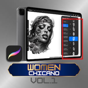 100 Chicano Woman Procreate tatueringsstämplar – Svart & Grå kvinnligt ansiktspenselset, Chola Clown Flash