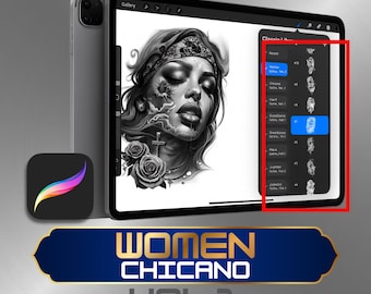 100 Chicano Woman Procreate Tattoo Stamps – Black & Grey Female Face Brush Set, Chola Clown Flash