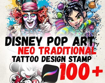 Sellos de personajes pop art para Procreate / Paquete de tatuajes flash estilo Disney neotradicional / Plantillas para diseño de retratos de dibujos animados