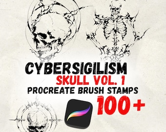 Sellos de calavera cibersigilista para Procreate / Paquete de tatuajes de esqueleto / Kit de diseño futurista oscuro con fallos