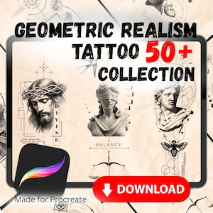 May include: Digital advertisement for a tattoo collection with geometric realism designs. The image shows illustrations of busts, a crown of thorns, and a bee, with the text "GEOMETRIC REALISM TATTOO 50+ COLLECTION" and a "DOWNLOAD" button.