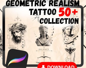 50 sellos de tatuajes de realismo geométrico para Procreate, sellos de diseños de tatuajes para Procreate, sellos de tatuajes minimalistas, sellos de formas para Procreate, Essent