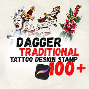May include: Image showcasing traditional tattoo designs with daggers, roses, and theatrical masks. Text reads "Dagger Traditional Tattoo Design Stamp" and "100+". Includes a Procreate app icon.