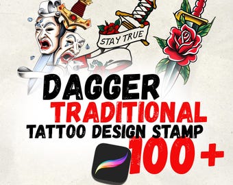 Sellos de tatuaje tradicionales de daga para Procreate / Más de 100 plantillas Flash de la vieja escuela / Kit de diseño de tatuaje de calavera, rosa y serpiente