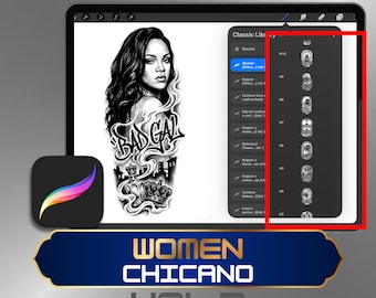 Chicano Girl Icon Tattoo Procreate Stamps – 100 Black & Grey Portrait Brushes (Rappers, Singers, Actresses, Influencers)