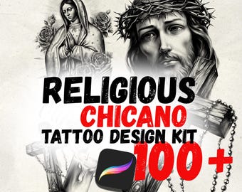 Set de tatuajes religiosos chicanos para Procreate / Plantillas digitales de la Virgen María y Jesucristo / Diseños de tatuajes lowrider