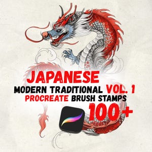 Könnte beinhalten: Illustration eines roten, weißen und blauen Drachen mit dem Text "JAPANESE MODERN TRADITIONAL VOL. 1 PROCREATE BRUSH STAMPS 100+" und dem Procreate App-Logo auf strukturiertem Hintergrund.