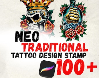 Sellos de tatuaje neotradicionales / Más de 100 pinceles de calavera, rosa y barco para Procreate / Paquete de diseños de tatuajes de la vieja escuela