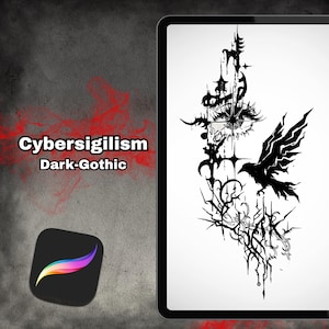 May include: A digital illustration on a tablet screen featuring a black ink-style design with a central eye, a flying bird, and intricate sharp, jagged lines. The text Cybersigilism Dark-Gothic is displayed on the left side of the screen.