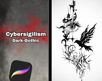 Cybersigilism Tattoo Procreate Stamp Brushes, 50 Cyber Gothic Line Art Stamps for iPad, Tribal Sigil Circuit Tattoo Flash Brush Set