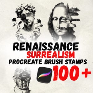 以下が含まれることがあります： ルネサンス様式のシュールレアリスティックな肖像画と人物を描いたデジタルアートグラフィック。画像には「Renaissance Surrealism Procreate Brush Stamps」と「100+」のテキストとProcreateアプリのロゴが含まれています。