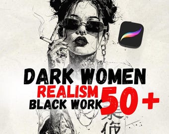 Sellos de tatuajes Blackwork para mujeres para Procreate / Pinceles para tatuajes de retratos femeninos / Paquete Dark Flash