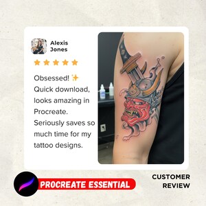 May include: A red, white, and gray tattoo of a Japanese demon with a sword and helmet is visible on an arm. The image includes a customer review with the text "Obsessed! Quick download, looks amazing in Procreate."