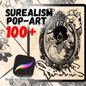 May include: Digital art design featuring the words "SURREALISM POP-ART" and "100+". The image includes a Procreate app icon and a black and white illustration of a woman in a mirror, smoking and holding a glass of wine.