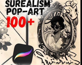 100 sellos de tatuajes pop surrealistas para Procreate / Set de pinceles para rostro y figura / Paquete de plantillas realistas / Flash digital para artistas del tatuaje