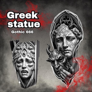 May include: A black and white graphic illustration featuring a cracked Greek statue head with a pentagram on the forehead and the number 666 on the cheek, holding a horned devil mask. Beside it, a multi-eyed face with fangs and feathered details.