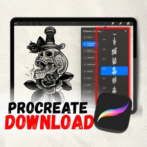 May include: A digital illustration on a tablet featuring a skull pierced by a dagger, surrounded by roses. The screen displays a Procreate app interface with tattoo design options. The words "PROCREATE DOWNLOAD" are in red.