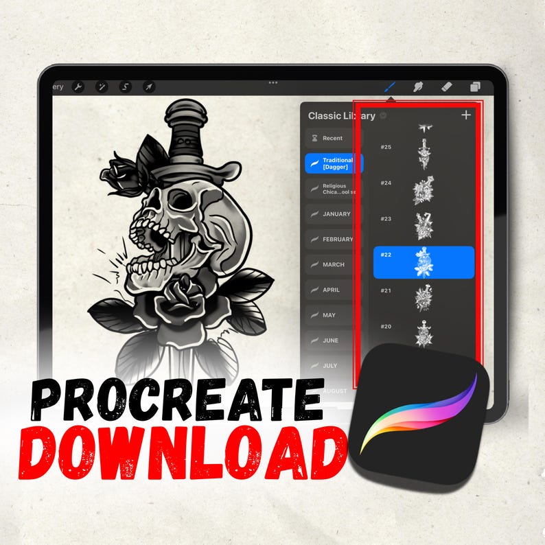 May include: A digital illustration on a tablet featuring a skull pierced by a dagger, surrounded by roses. The screen displays a Procreate app interface with tattoo design options. The words "PROCREATE DOWNLOAD" are in red.