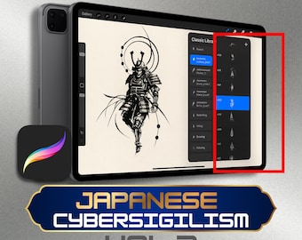 Sellos de tatuaje de cibersigilo japonés para Procreate / Set de pinceles de arte lineal en negro samurái / Paquete de diseños japoneses oscuros