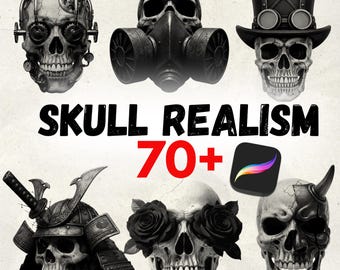 Pinceles Procreate / Set de 70 sellos de calaveras realistas / Diseño de tatuaje gótico, dibujo de anatomía, arte oscuro, sellos de imágenes prediseñadas de Halloween
