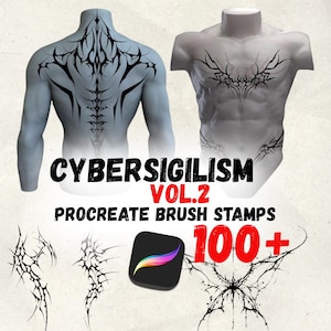 May include: Digital art product featuring two mannequin torsos with black tribal tattoo designs. The image includes the text "CYBERSIGILISM VOL.2 PROCREATE BRUSH STAMPS 100+" and a Procreate app icon.