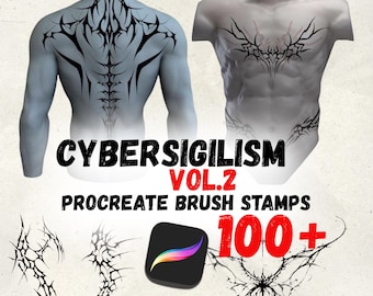 Más de 100 sellos de cibersigilismo para Procreate / Kit de tatuajes de cibersigilismo / Pinceles de diseño tribal con fallas