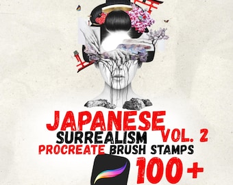 Surrealismo japonés: conjunto de pinceles para Procreate, vol. 2 / Más de 100 sellos de tatuajes / Arte japonés moderno / Diseño de collage de geishas