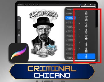 Pinceles para Procreate de íconos del crimen chicano: set de 100 sellos de tatuajes de películas de gánsteres, flash de retrato en negro y gris, paquete de diseño de grafiti