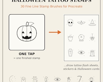 Halloween Tattoo Procreate Stamps, 30 Fine Line Spooky Stamp Brushes for iPad, Gothic Tattoo Flash, Witchy Sticker & Card Art Set
