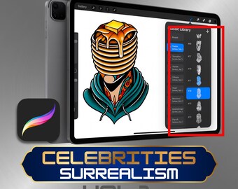 Pack de tatuajes de retratos de comida neotradicional: Cabezas neotradicionales surrealistas. Pinceles de sellos de colores intensos para Procreate. Descarga digital.