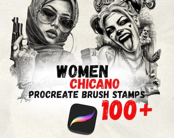 Más de 100 sellos Procreate para tatuajes de mujeres chicanas / Diseños Flash de retratos de mujeres / Paquete de pinceles para tatuajes negros y grises