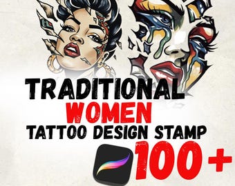 Más de 100 sellos Procreate de cabezas de mujer / Tatuajes de retratos de mujeres neotradicionales / Plantillas y pinceles de muñecas rotas