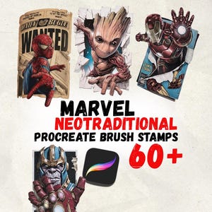 May include: Marvel-themed Procreate brush stamps featuring Spider-Man, Groot, Iron Man, and Thanos. The image includes the Procreate app logo and the text "MARVEL NEOTRADITIONAL PROCREATE BRUSH STAMPS 60+".