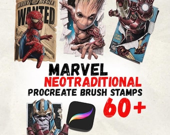 Sellos de tatuajes de Marvel para Procreate / Set de flash de personajes neotradicionales / Paquete de pinceles de superhéroes / Plantillas de cómics