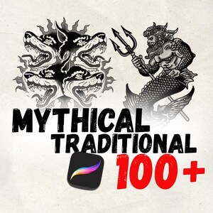 Könnte beinhalten: Digitales Kunstdesign mit einer Cerberus-Illustration, einer mythischen Kreatur mit mehreren Hundeköpfen, und einem Meermann, der einen Dreizack hält. Der Text lautet "Mythical Traditional" und "100+" mit einem Procreate App-Symbol.