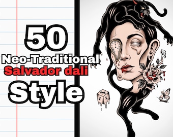 Surreal Tattoo Flash Procreate Stamps, 50 Dali Style Melting Clock & Panther Brushes for iPad, Neo Traditional Tattoo Design Set