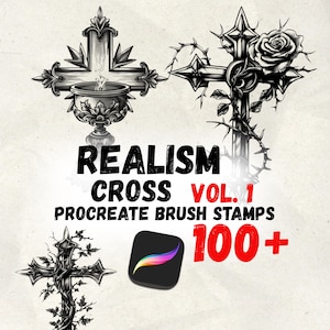 Puede incluir: Imagen que presenta diseños de cruces en blanco y negro, incluyendo una cruz con un cáliz, una cruz con una rosa y una cruz con vides. El texto dice "REALISM CROSS VOL. 1 PROCREATE BRUSH STAMPS 100+" con un icono de la aplicación Procreate.